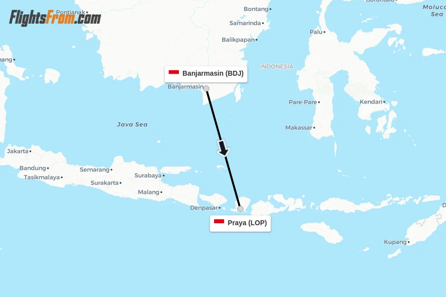 Flights from Banjarmasin to Praya route map