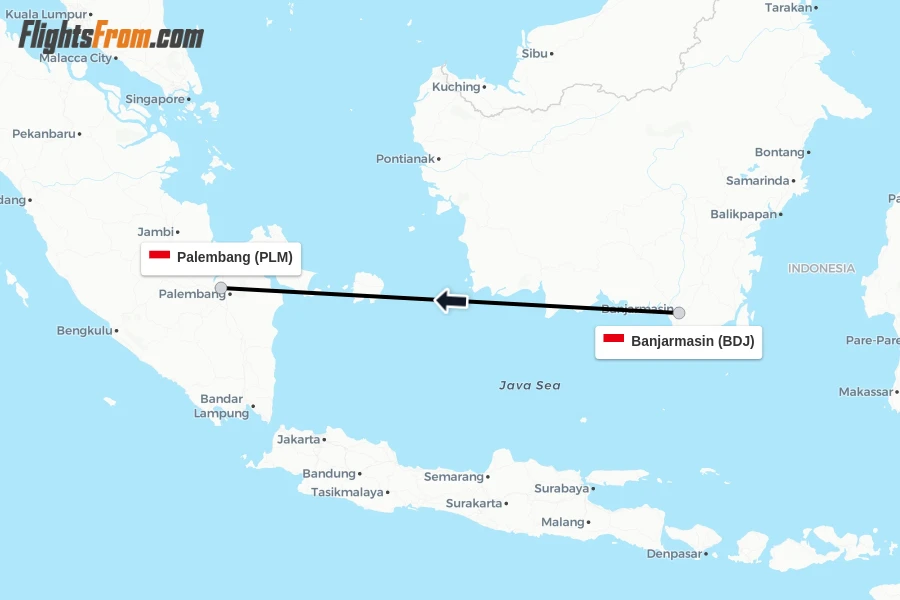 Flights from Banjarmasin to Palembang route map