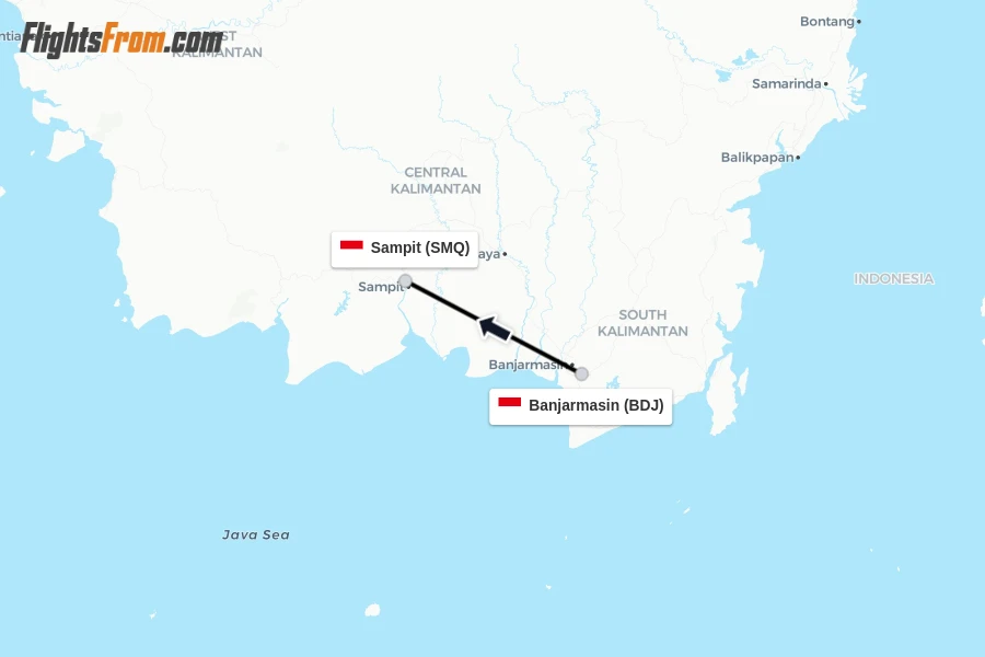 Flights from Banjarmasin to Sampit route map