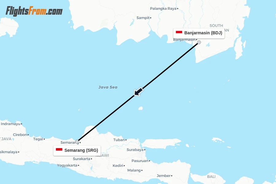 Flights from Banjarmasin to Semarang route map
