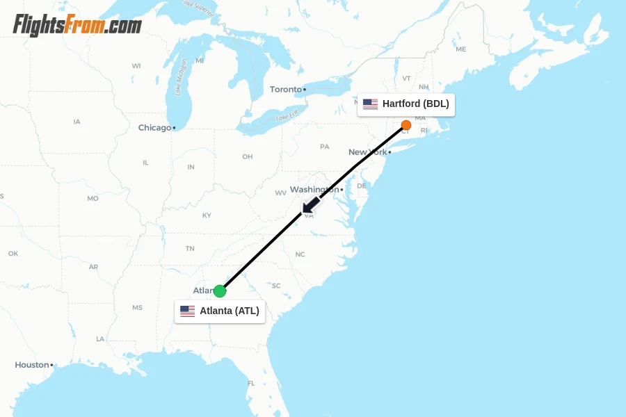 Flights from Hartford to Atlanta route map