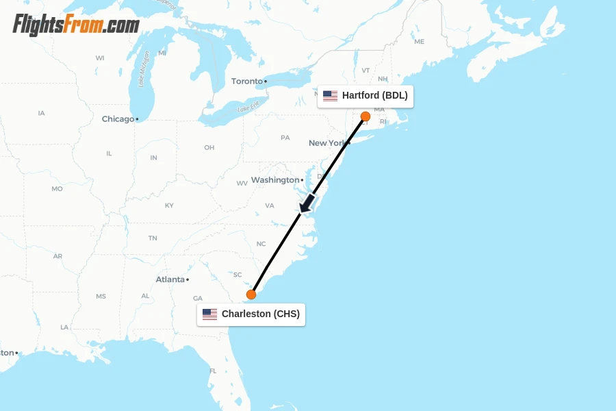 Flights from Hartford to Charleston route map