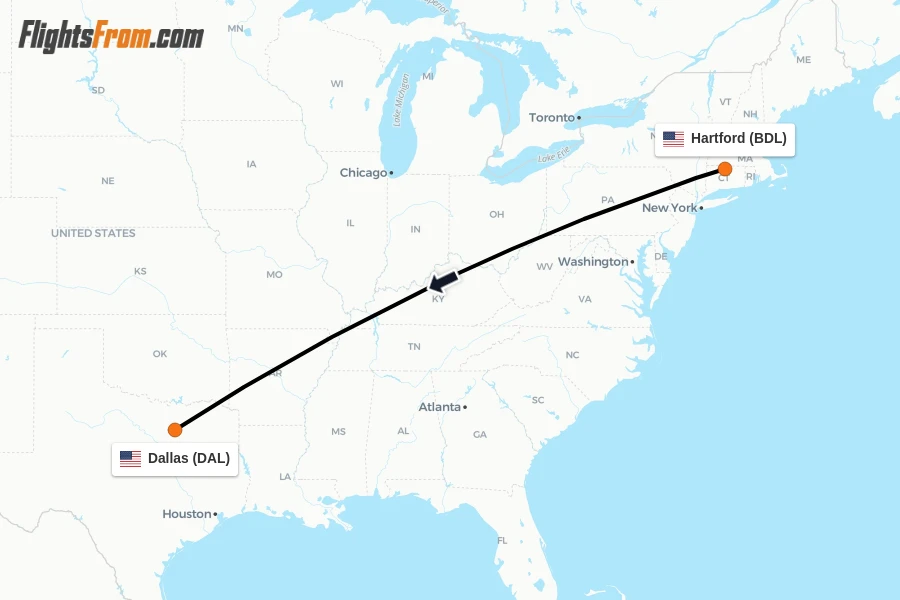 Flights from Hartford to Dallas route map