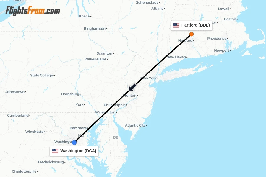 Flights from Hartford to Washington route map
