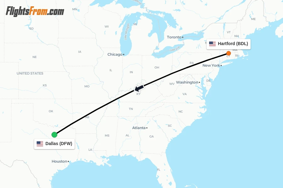 Flights from Hartford to Dallas route map