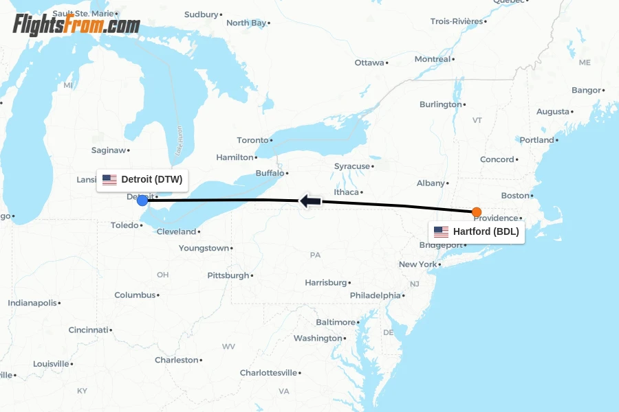 Flights from Hartford to Detroit route map