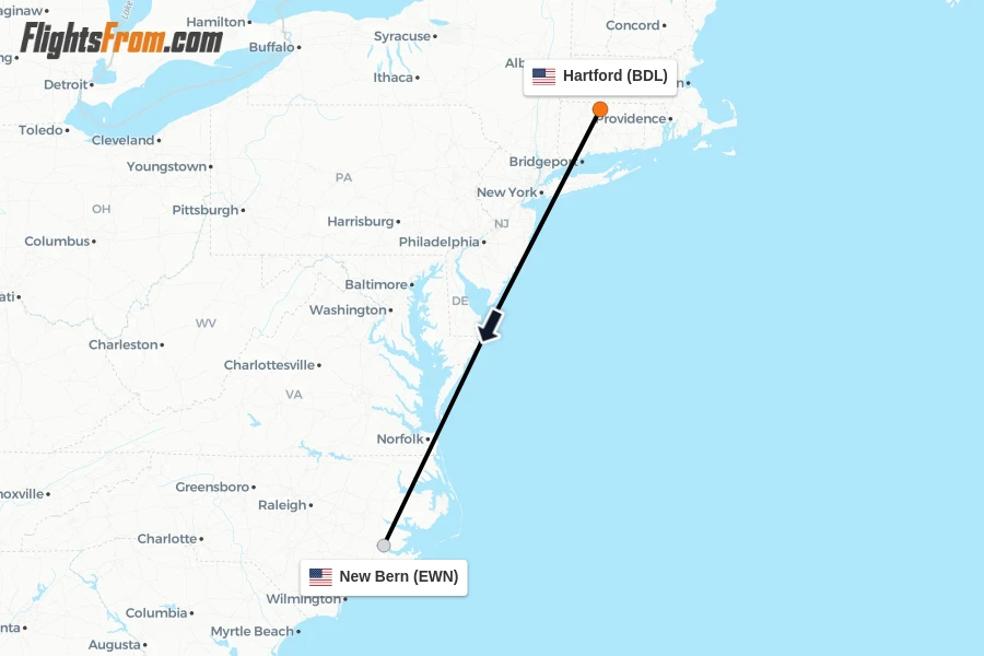 Flights from Hartford to New Bern route map