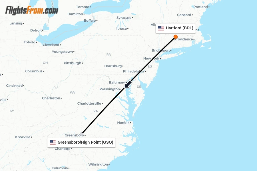 Flights from Hartford to Greensboro/High Point route map