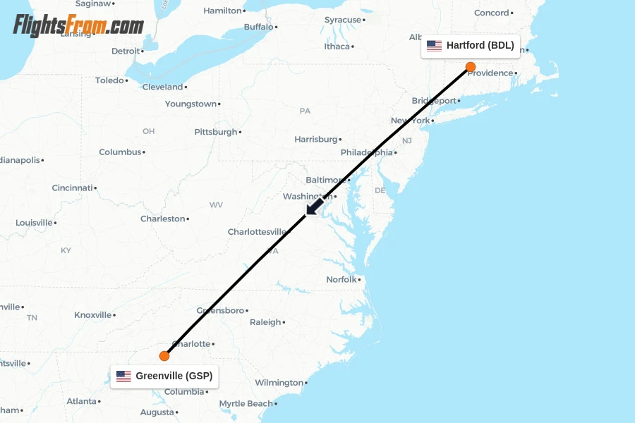 Flights from Hartford to Greenville route map