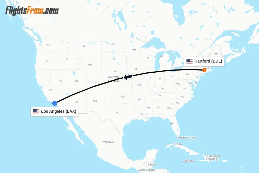 Flights from Hartford to Los Angeles route map