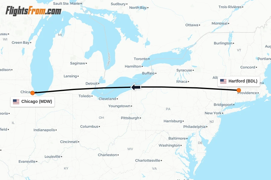 Flights from Hartford to Chicago route map