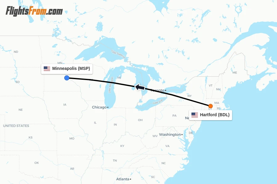 Flights from Hartford to Minneapolis route map