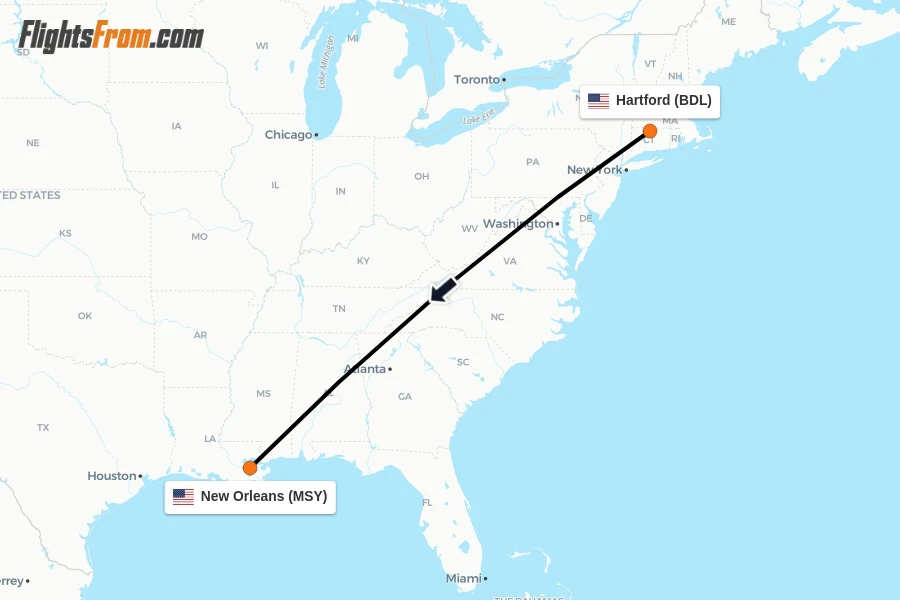 Flights from Hartford to New Orleans route map