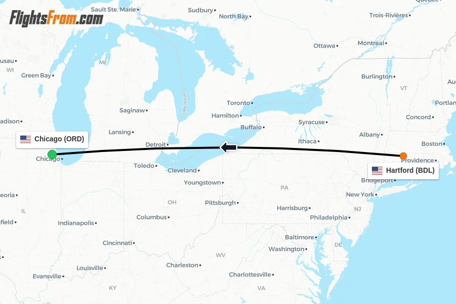 Flights from Hartford to Chicago route map