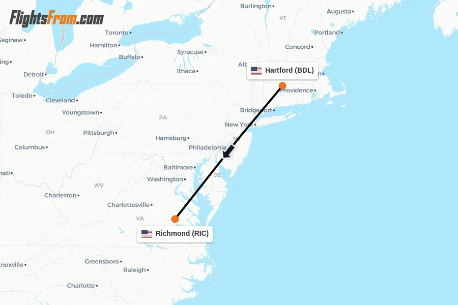 Flights from Hartford to Richmond route map