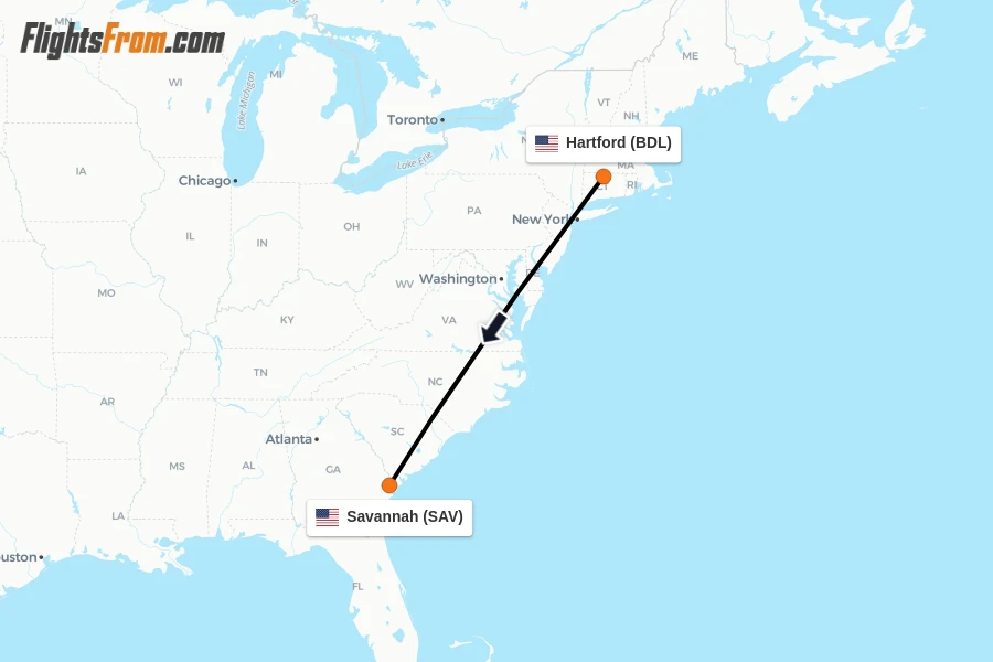 Flights from Hartford to Savannah route map