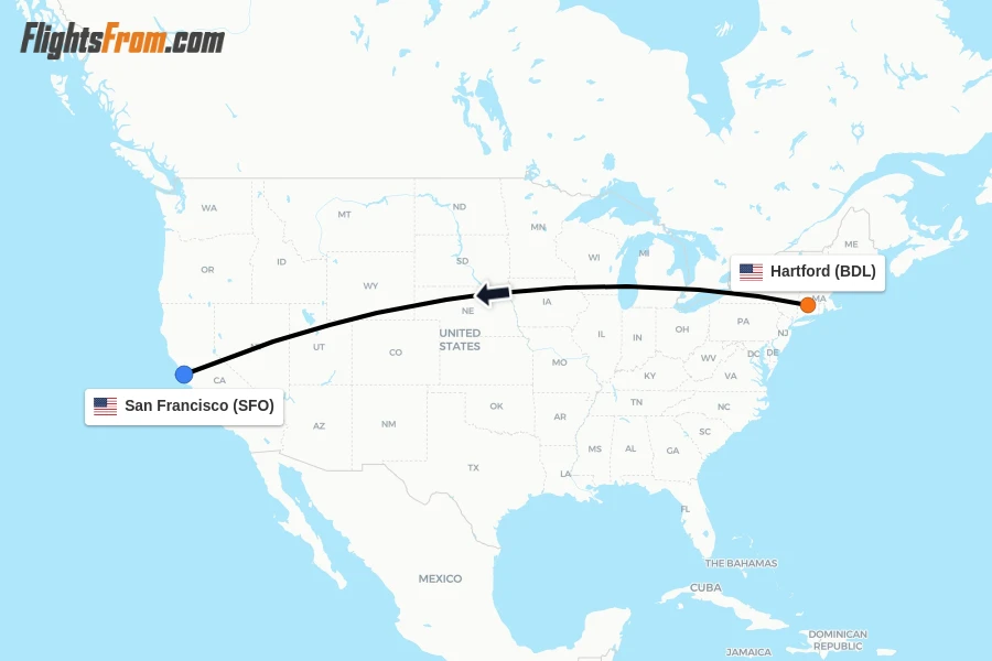 Flights from Hartford to San Francisco route map