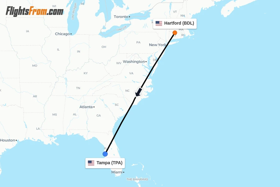 Flights from Hartford to Tampa route map
