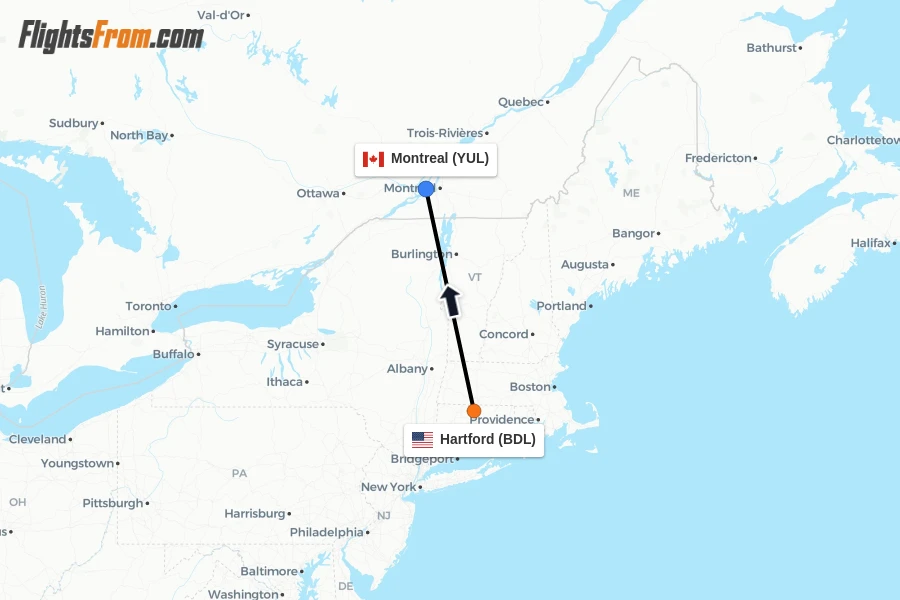 Flights from Hartford to Montreal route map