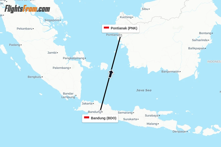 Flights from Bandung to Pontianak route map