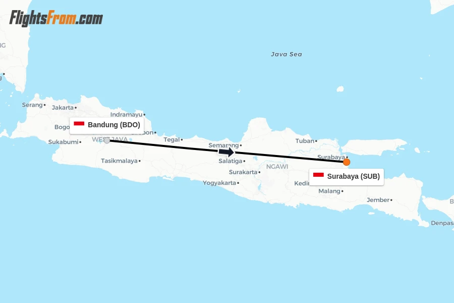 Flights from Bandung to Surabaya route map