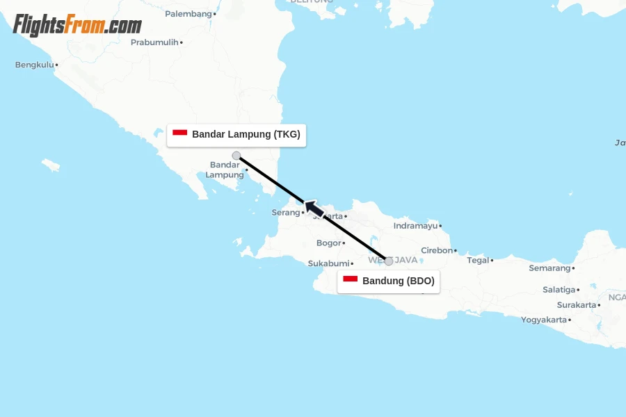 Flights from Bandung to Bandar Lampung route map