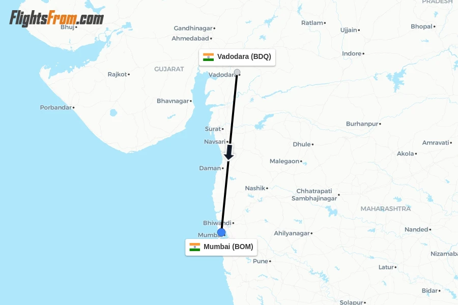 Flights from Vadodara to Mumbai route map