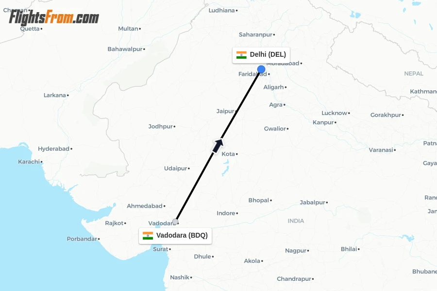 Flights from Vadodara to Delhi route map