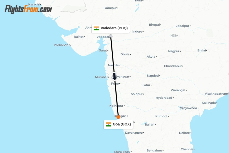 Flights from Vadodara to Goa route map