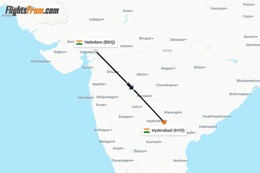 Flights from Vadodara to Hyderabad route map