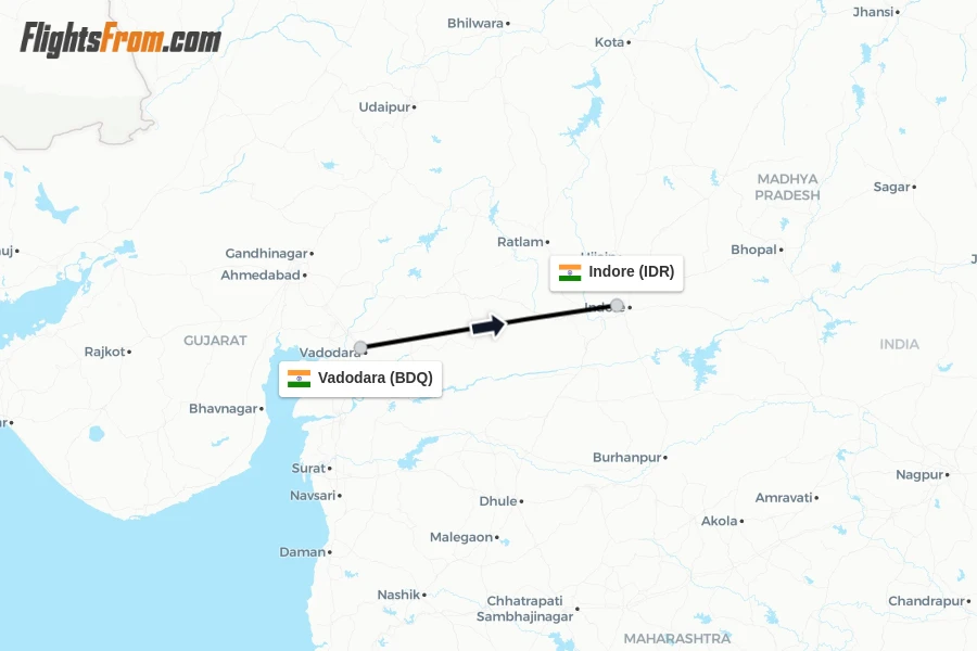 Flights from Vadodara to Indore route map