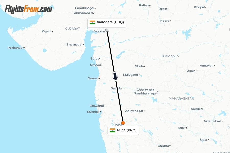 Flights from Vadodara to Pune route map