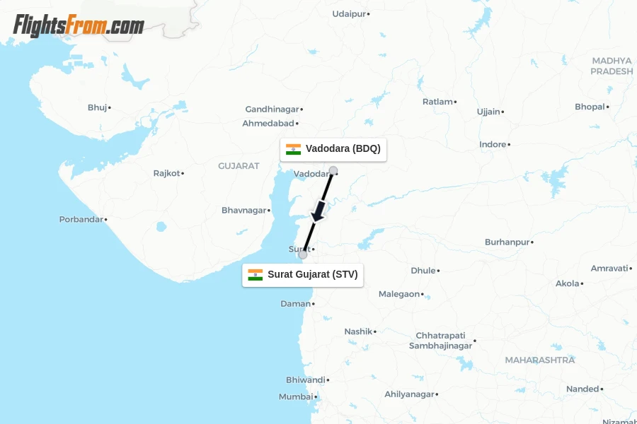 Flights from Vadodara to Surat Gujarat route map