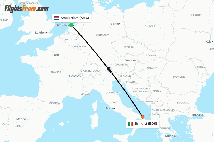 Flights from Brindisi to Amsterdam route map