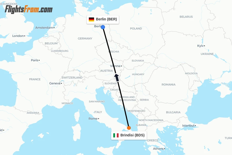 Flights from Brindisi to Berlin route map