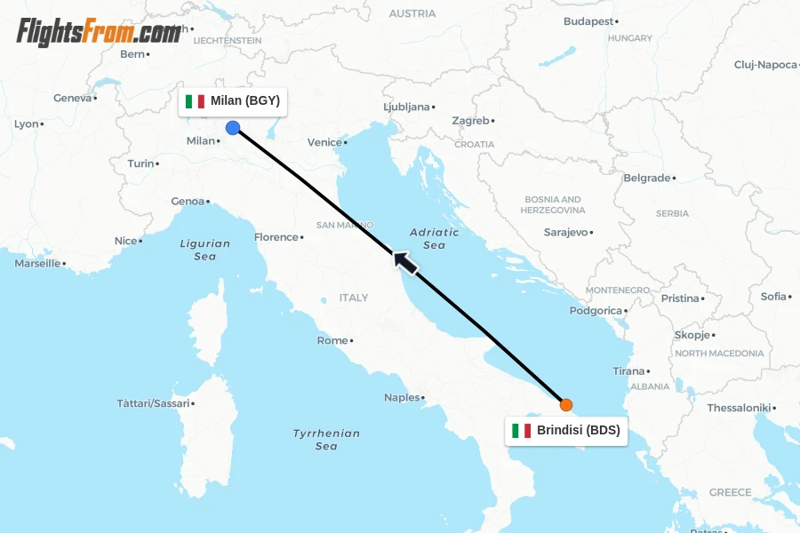 Flights from Brindisi to Milan route map