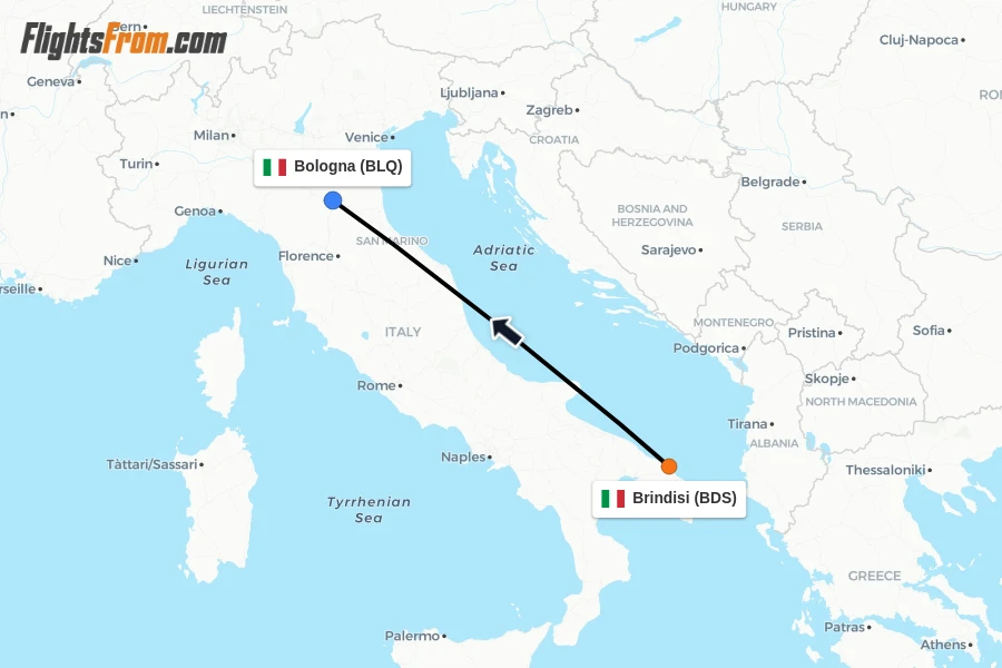 Flights from Brindisi to Bologna route map
