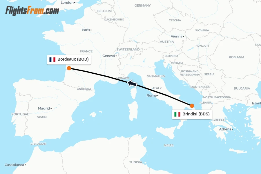 Flights from Brindisi to Bordeaux route map