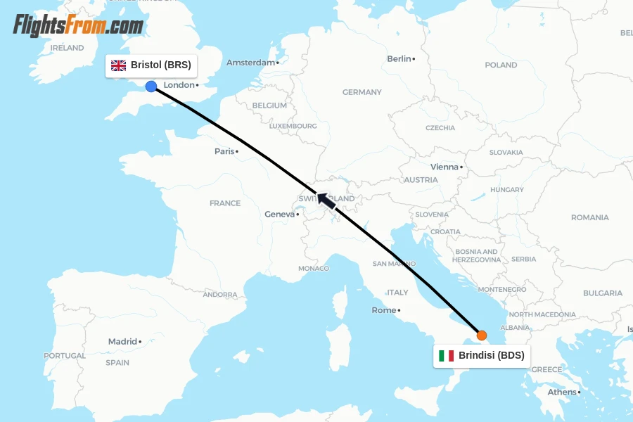 Flights from Brindisi to Bristol route map