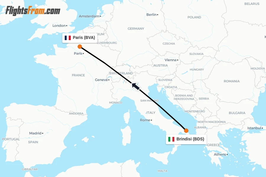 Flights from Brindisi to Paris route map