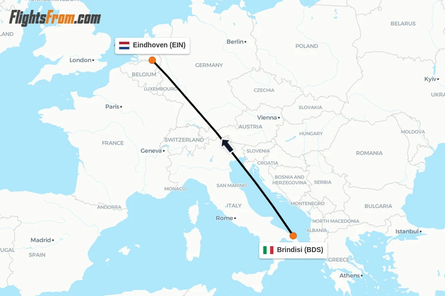 Flights from Brindisi to Eindhoven route map