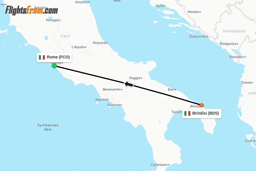 Flights from Brindisi to Rome route map