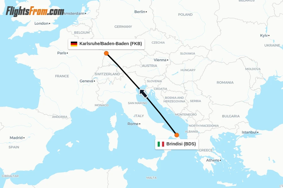 Flights from Brindisi to Karlsruhe/Baden-Baden route map