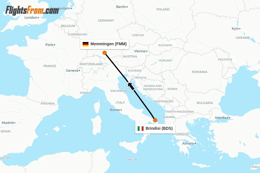 Flights from Brindisi to Memmingen route map