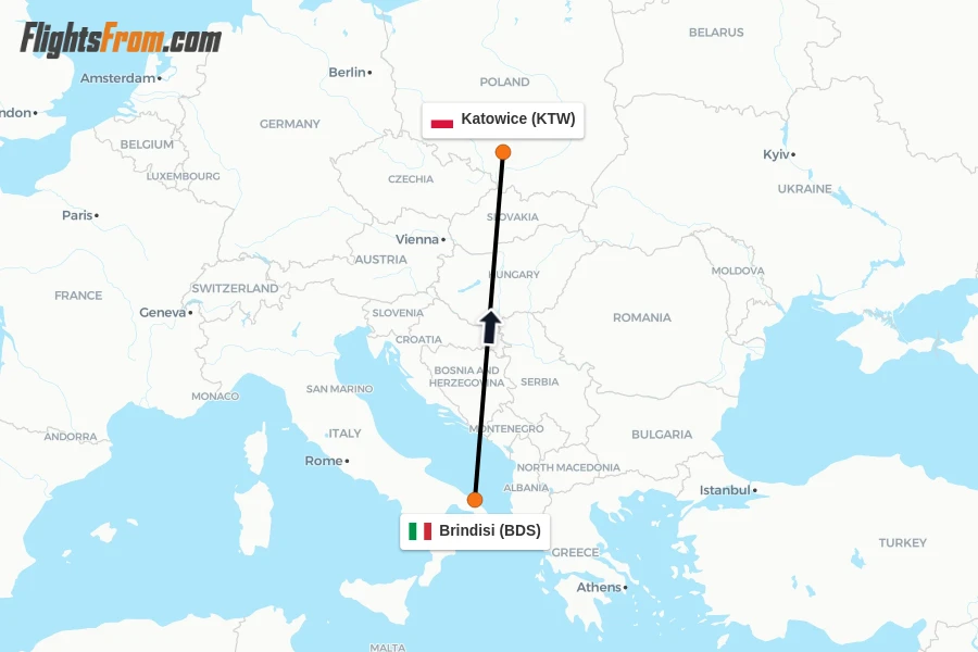 Flights from Brindisi to Katowice route map