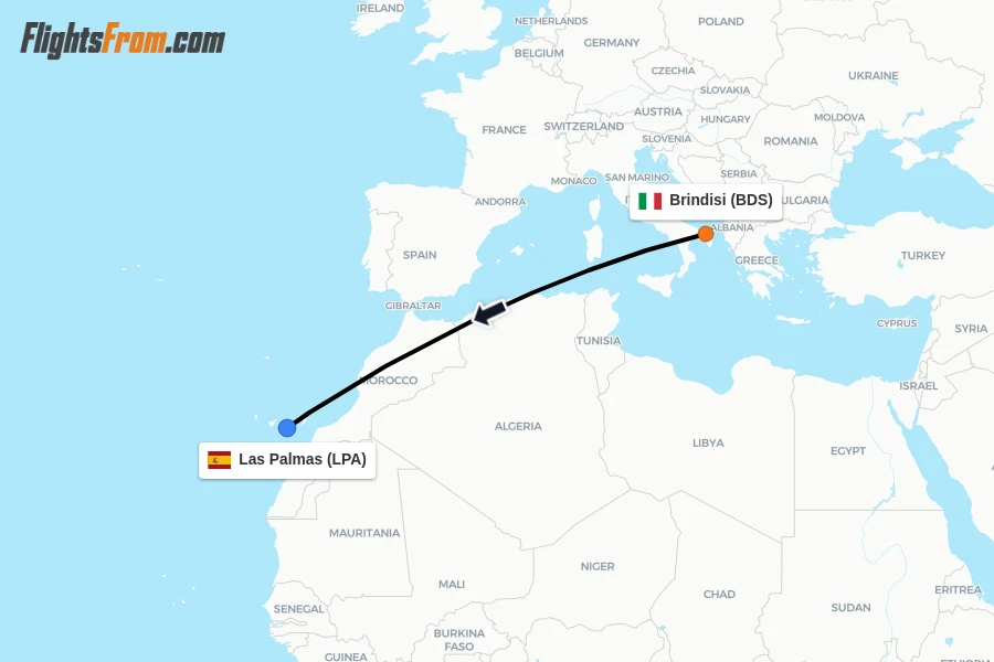 Flights from Brindisi to Las Palmas route map
