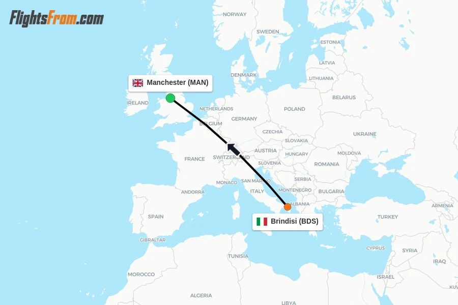 Flights from Brindisi to Manchester route map