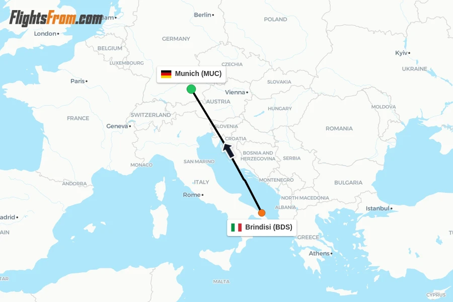 Flights from Brindisi to Munich route map