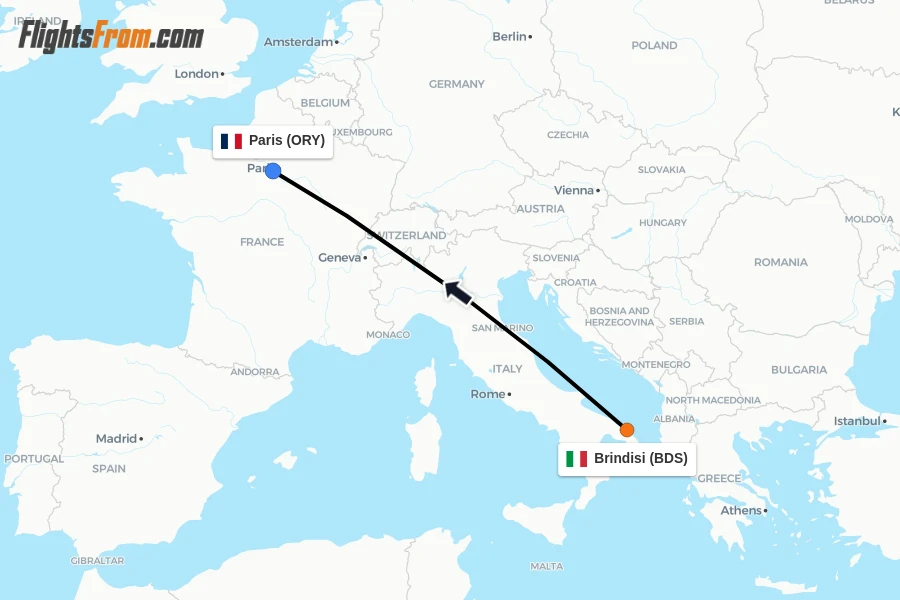 Flights from Brindisi to Paris route map