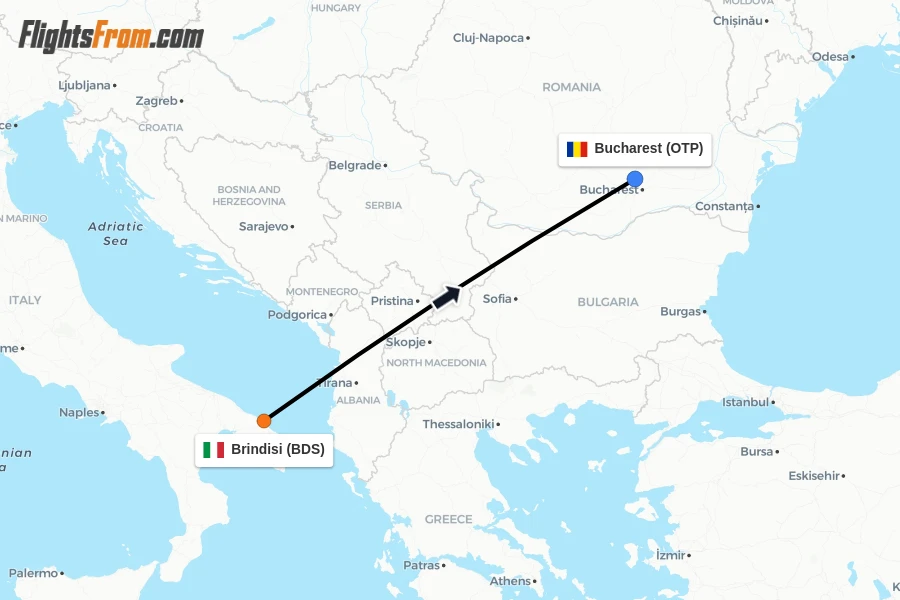 Flights from Brindisi to Bucharest route map